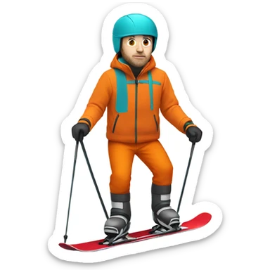 white man skiing wearing an ORANGE JACKET and a RED HELMET and wearing TURQUOISE PANTS sticker