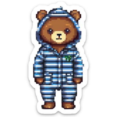 bear in striped pajamas, pixel art style, pixel art, cute, cozy, nightwear with stripes sticker