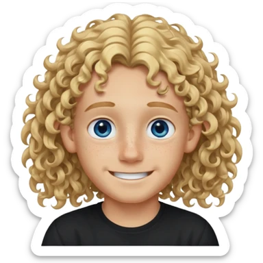 blonde boy with long curly hair past his ears, smiling, wearing a black shirt with freckles and blue eyes sticker