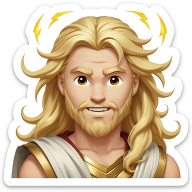 Cinematic Realistic Thor Portrait, head tilted dramatically with an exaggeratedly amused expression, featuring lively, twinkling eyes and a subtle, roguish grin. His fair, radiant skin and long, wavy golden hair, rendered with classical precision, complement his draped white toga adorned with delicate golden details and mythic lightning hints, all brought to life with dynamic lighting that captures both his divine power and playful, approachable charm. sticker