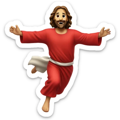 Jesus sprinting, with a large stride and arms outstretched, in a red santa costume sticker