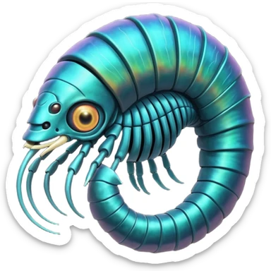 An iridescent, chitinous trilobite with glowing cyan eyes pulses rhythmically as a miniature black hole orbits its brow, distorting space-time. Its fractal-patterned exoskeleton shifts colors unsettlingly, and its mouth opens into a spiraling void that hums with forgotten whispers. sticker