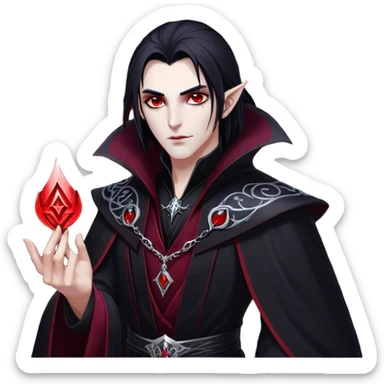 Cinematic Realistic WoW Vampire Mage Portrait, depicted with dark and mysterious elegance, wearing a flowing black robe intricately adorned with arcane silver filigree and esoteric runes. His pallid, almost ethereal skin contrasts with deep crimson, mesmerizing eyes, while his dark, slick hair falls in sleek strands. Rendered with lifelike texture and moody, dramatic lighting, high shine, noble and formidable, capturing the essence of a legendary vampire mage of Azeroth. sticker