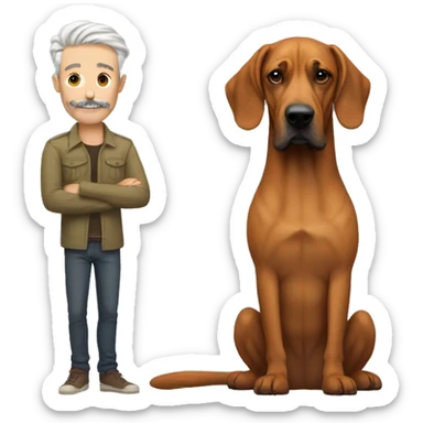 white man with long rainbow colored hair and twisted mustache next to a brown rhodesian ridgeback sticker
