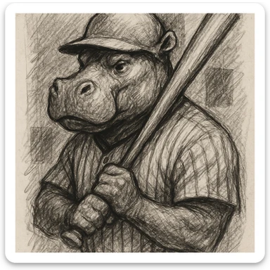 hippo holding a baseball bat, wearing a yellow helmet, pinstripes outfit sticker