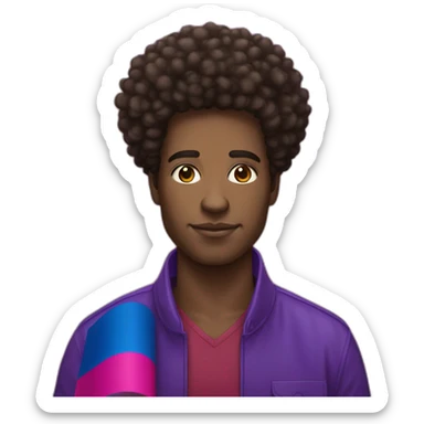 african-american man with curly "afro" hair holding the 3 shade bisexual flag sticker
