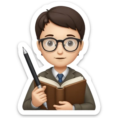 writer holding big pen in hand and closed book in other hand, wearing glasses sticker