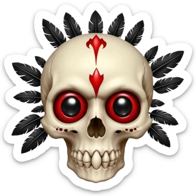 Sanguine-red black-eye-sockets canine-skull with black hollow eye sockets and black feathers and black gems and black spikes sticker