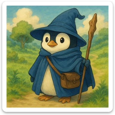 A penguin wizard holding a magic staff in ghibli style illustration sticker