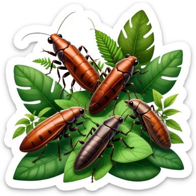 Close-up of giant Madagascar hissing cockroaches, butterflies, and stick insects in their natural habitat. The insects are shown in detail, highlighting their unique textures and colors, surrounded by plants and leaves. Soft lighting to enhance their features. Transparent background. sticker