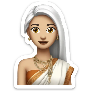 hair straight, white face colour, slender face, wearing a trendy saree and accessories, full body, sharp jawline, edgy sticker
