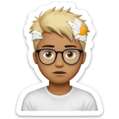 Teenager. Short buzz, messy blonde hair. Dark brown bushy eyebrows large expressive golden-brown eyes, brown skin color, scar over nose, wearing a plain white t-shirt. wearing clear thick black glasses. 20 year old male. wacky facial expression. brown skin color.  sticker