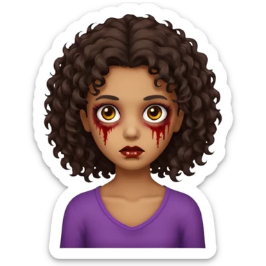 Faça uma garota zombie de cabelo cacheado castanho, olhos castanhos escuro e pele parda com o cabelo menos volumoso e no ombro sticker