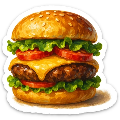 В слега рисованном, но при этом ярком и объемном стиле сгенерируй картинку сочного американского бургера, профессионально выставленный свет, который подчеркивает объем, прозрачный фон sticker