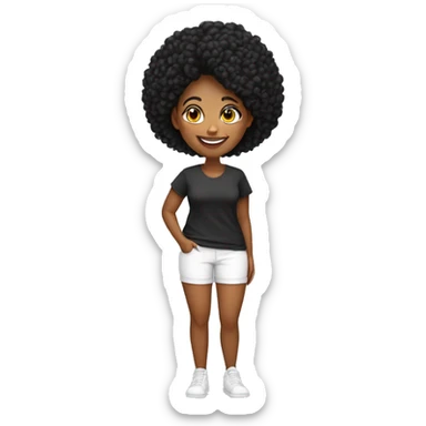 mulher, 54 anos, fath, feliz, cabelo liso preto, na altura do ombro, olhos castanhos, vestindo calça leg e camiseta  preta sticker