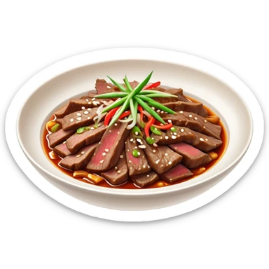 Bulgogi Cinematic Realistic Bulgogi Dish Emoji, depicted as thinly sliced, marinated beef stir-fried to perfection, rendered with dynamic textures and vibrant, appetizing lighting. sticker
