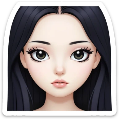 straight black long hair, korean pale skin skin, black iris, pretty bratz baddie, black eyeliner sticker