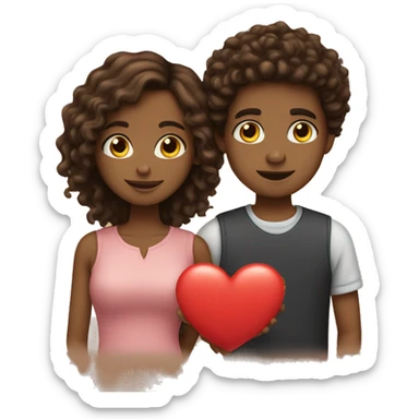 brown girl with straight hair and brown boy with curly hair holding heart together sticker