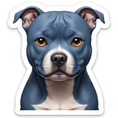 Cinematic Noble Blue Staffordshire Bull Terrier Portrait Emoji, Poised and regal, with a compact, muscular build and a sleek, well-groomed blue Fur, deep-set soulful dark eyes, Simplified yet sharp and sophisticated features, highly detailed, glowing with a soft, dignified glow, high shine, intelligent and loyal, stylized with an air of strength, focused and attentive, soft glowing outline, capturing the essence of a watchful and confident guardian, so majestic it feels as though it could stride out of the screen with effortless authority! sticker