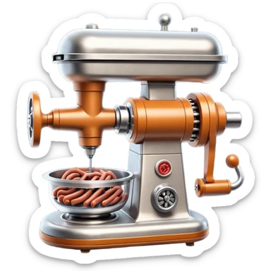 sausage-processing droid. retro-futuristic style. top is a circular industrial meat grinder with rotating gears and blades. Two robotic arms feed material into grinder. Sausage links extrude from the rear like  factory. The body is metallic, compact, and floats above the ground.no legs. Dark humor sticker