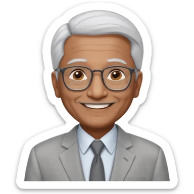 70 yr old indian man, short straight white hair brushed back, light grey business suit, big smile, dark brown skin, no moustache, dark brown eyes, glasses
 sticker