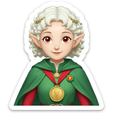 elf, short white hair, bald spot on her forehead, 2 curls on her forehead, red eyes, smile, green cloak, white shirt with red sleeves, medal on her chest, black pants, inscription at the bottom Sylph_latus background no, white outline  sticker