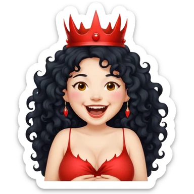 Pregnant fair woman  long black curly hair laughing with devil crown  sticker