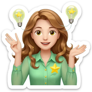 Joyful and imaginative woman with fair skin, long wavy light brown hair, hazel eyes, wearing a light green blouse with yellow accents, holding a glowing lightbulb and gesturing outward. Surrounded by stars, sparkles, speech bubbles, a paper plane, and a small heart. Waist-up, front-facing sticker
