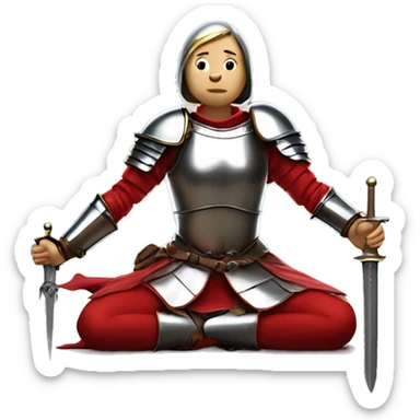 Joan of arc in medieval armor kneels, looking upward, with hands resting on a sword. They're dressed in a red garment under the armor. sticker