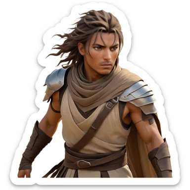 Cinematic Realistic Nomad Portrait, captured in a dynamic, battle-ready stance, body poised with agility and readiness beneath layered, weather-worn desert robes and light armor designed for swift movement and adaptability. His piercing eyes and rugged, sun-scorched features are accentuated by windswept hair and a faint layer of sand, rendered with dramatic natural lighting and high shine. A blend of muted earth tones and faded fabrics tell stories of distant travels and survival against harsh elements. He exudes an aura of cunning, resilience, and fierce independence, embodying the spirit of a wanderer who thrives on the edge of civilization. sticker