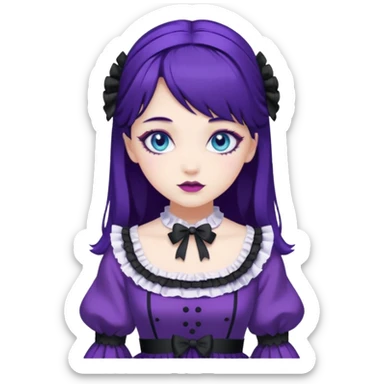 sweet lolita with dark purple hair, blue eyes, white skin, wearing a deep purple dress sticker