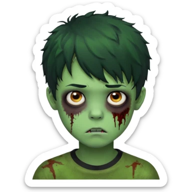 Boy, zombie, green skin, black, short and curly hair with bangs, round shaped hair, emo, ultra dark, bored expression with tired eyes  sticker