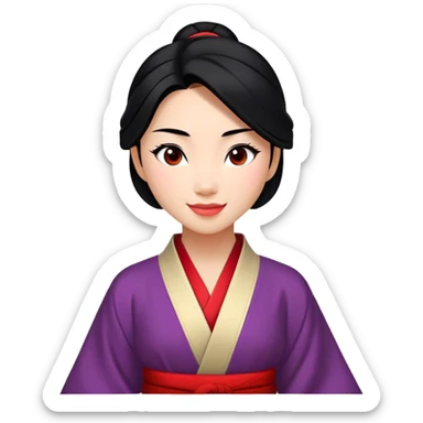 Cinematic Realistic Radiant Mulan Portrait, presenting Mulan with a warm, confident smile and lifelike light-toned skin that appears almost luminous under natural daylight. Her sleek black hair is rendered in meticulous detail, and her traditional robe—accented with understated red highlights—is depicted with realistic fabric textures and folds. The overall image exudes a gentle, inviting glow, high shine, and refined detail that captures her poised elegance and inner resilience in a painterly, authentic style. sticker