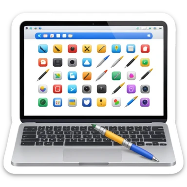 laptop emoji with grid of mini creative icons paintbrush camera pen on screen sticker