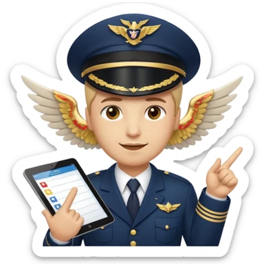 Slack-style emoji of a pilot wearing a navy captain hat with gold wings, pointing at a tablet or checklist with one hand, other hand ready or slightly raised, confident and attentive expression sticker