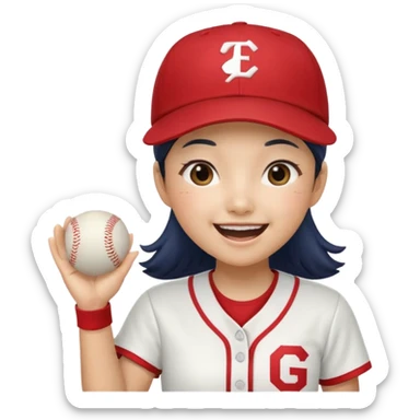 a korean girl cheering her favorite baseball team, wearing the team uniform, baseball cap, and holding baseball sticker
