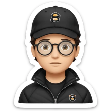 Young man wearing a black puffer jacket, black baseball cap with a small logo, round black glasses, wavy hair peeking out from under the  sticker