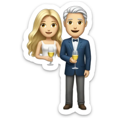 A white woman, she has brown eyes and blond medium long hair. A white man, he has blue eyes and grey hair. They toast to each other with a glass of white wine. sticker
