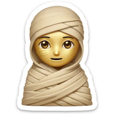 Cinematic Cute Mummy Portrait Emoji, with a delightfully charming, slightly clumsy bandaged form in warm faded tones and subtle hints of gold, featuring wide, curious eyes peeking from the wrappings and a sweet, innocent smile, simplified yet adorably detailed, glowing with a soft, ancient warmth and a gentle outline that captures the playful spirit of an ancient mummy! sticker