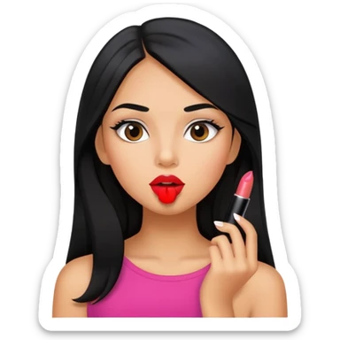 Girly girl young, tanned long black hair, putting on lipstick sticker