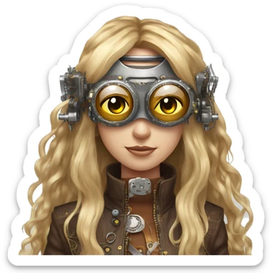 Brown long hair with blonde steaks female cyborg head, fair skin, steampunk goggles and circuits sticker
