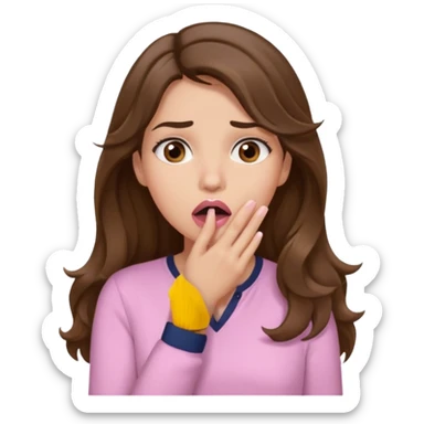 girl with wavy long brown hair, brown eyes, light to medium complexion, long lashes, light pink lipstick, wearing light pink shirt, shocked, hand covering mouth sticker