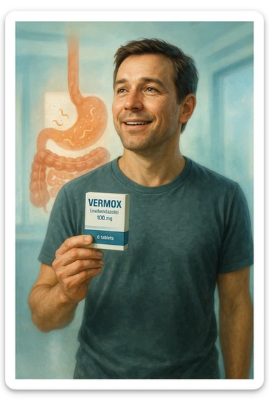 A realistic, cinematic illustration of a man in his late 30s holding a small white box of ‘Vermox’ (mebendazole) in one hand, with a relieved and hopeful expression on his face. Behind him, a semi-transparent overlay shows his digestive tract where small, symbolic worm-like parasites are dissolving and disappearing, indicating the medication’s effect. The environment is clean and bright, with a medical yet hopeful tone, conveying the concept of effective parasite removal. Subtle blue and green tones symbolize cleansing and health restoration, while the man appears energized and ready to reclaim his well-being sticker