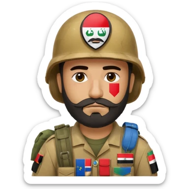 A very tired and sad, swarthy Iraqi soldier with a beard, an Iraqi flag on his helmet, a sad expression and bags under his eyes sticker