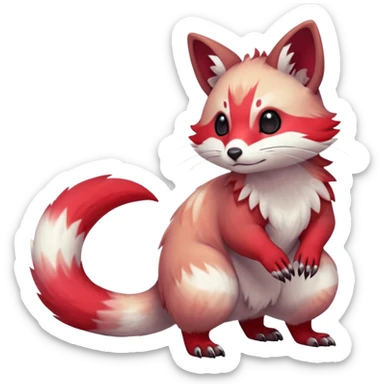 Cool Smooth Asian oriental painted silky soft White white with red gradients, and slit eyes markings beautiful handsome gorgeous aesthetic colorful vibrant Vernid-Trico-Marsupial-Furret-Zangoose-species-Fakemon-creature by LiLaiRa, 4 legs, 1 tail, random markings, (full body) sticker