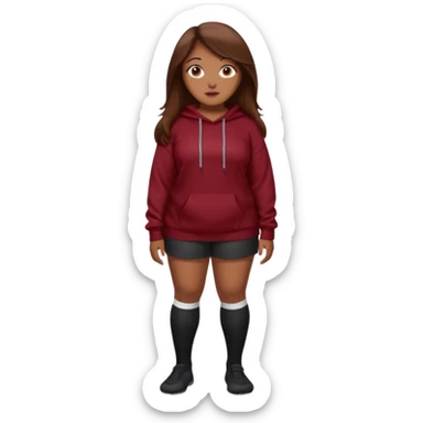 Curvy pretty brown girl with long brown hair, wearing a dark deep red sweatshirt with tall black socks sticker