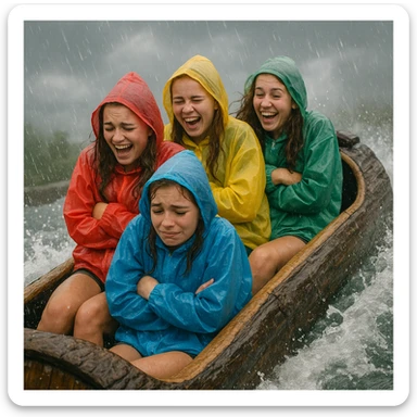group of teenage girls on a log flume ride, shivering and laughing, wearing ponchos, rain falling, cloudy and chilly atmosphere sticker