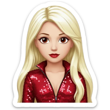 Tiffany Valentine with long platinum blonde hair, dark red sequin outfit sticker