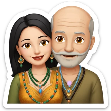 I want an old man with balding and grey beard  wearing no jewelery and a woman in her 40s with dark black hair parted in indian woman style wearing a beads chain  with the cleavage of the woman visible in a passionate embrace, both must be blissfully smiling sticker