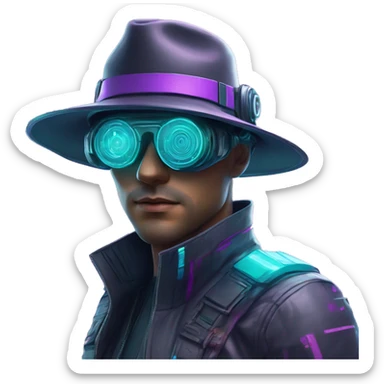 Secret human agent in a hat with  cyberpunk elements in VR googles scanning looking reviewing multicolor lines of code, cyan and purple colors, only upper body portrait sticker